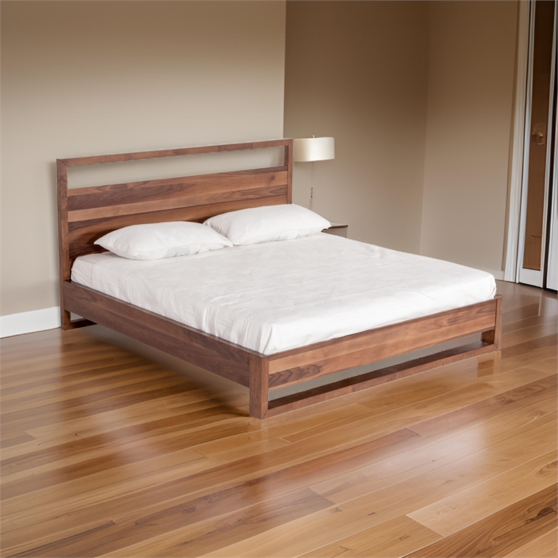 Lina King Size Bed with Plank Style Tall Headboard- Modern Walnut Brown