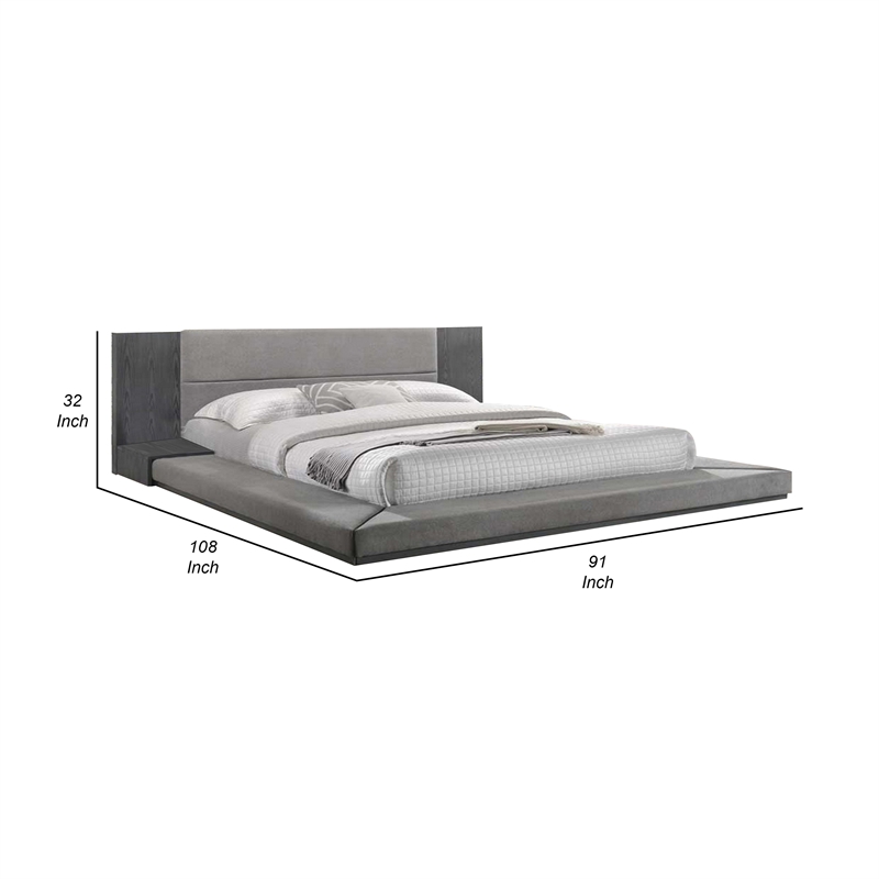 Noe Ruby California Size Bed- Side Shelves- Gray Upholstery- Low Profile