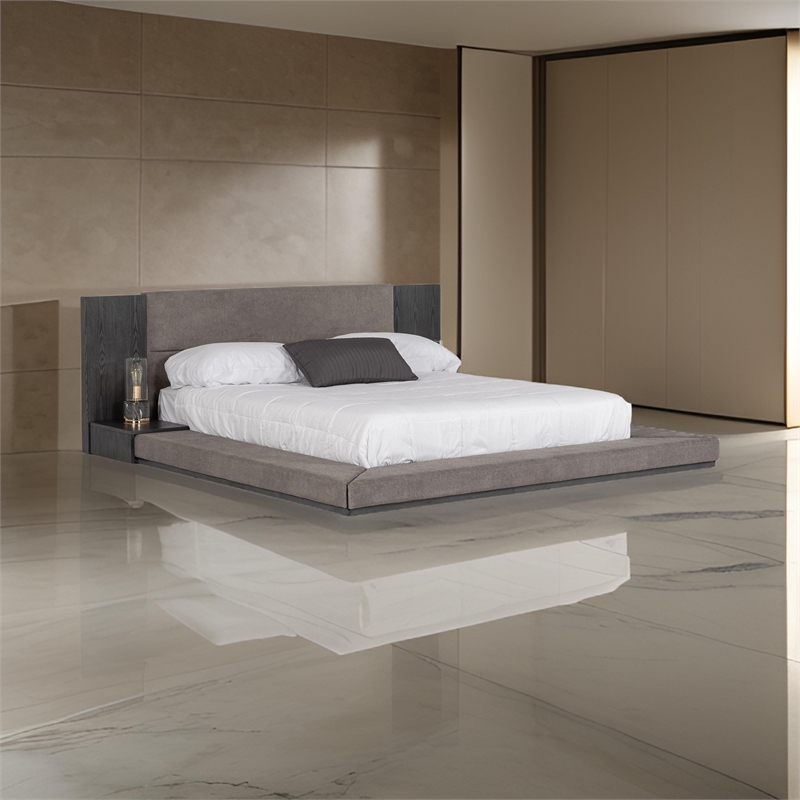 Noe Ruby California Size Bed- Side Shelves- Gray Upholstery- Low Profile