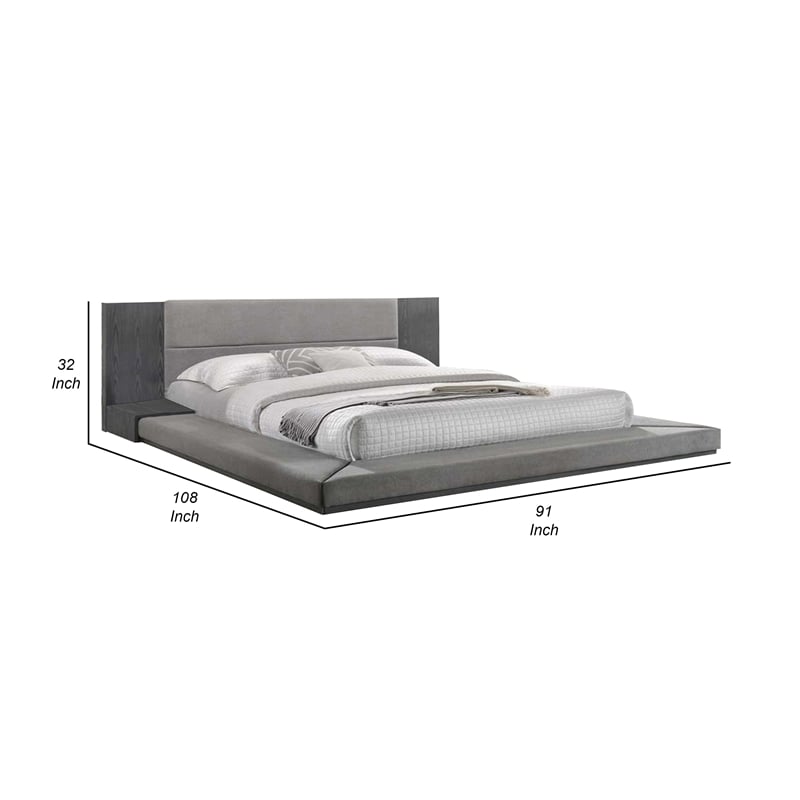 Noe Ruby California Size Bed- Side Shelves- Gray Upholstery- Low Profile