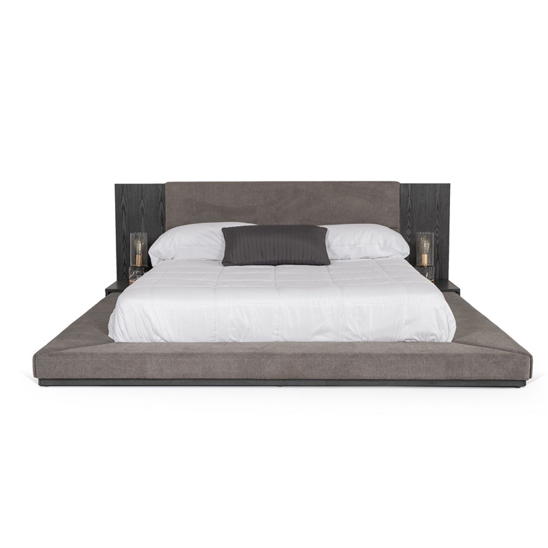 Noe Ruby California Size Bed- Side Shelves- Gray Upholstery- Low Profile
