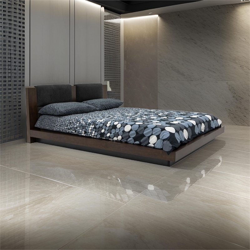 Noe Col King Size Bed with 2 Nightstands- Black Pillow Headboard- Brown