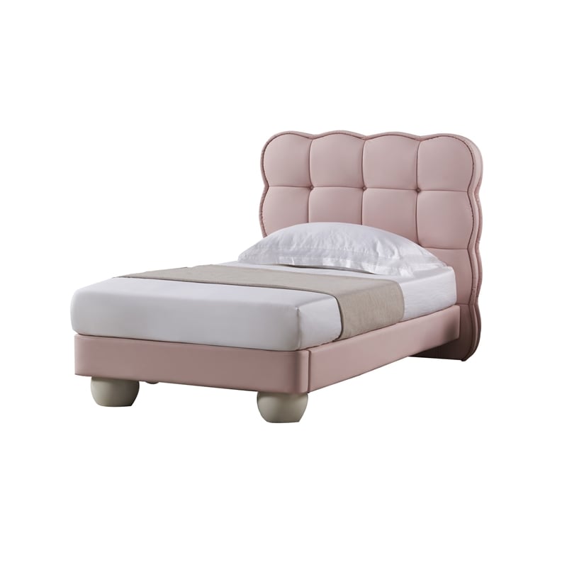 Jeny Full Size Bed- Pink Leather Upholstered Tufted Headboard- Wood