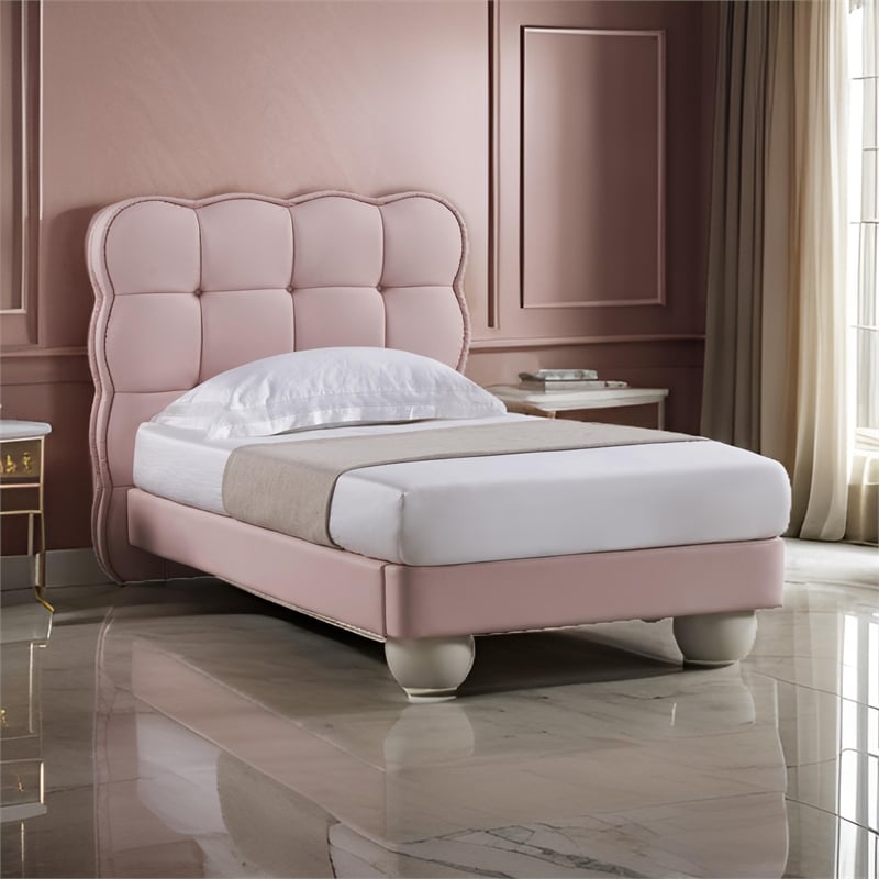 Jeny Full Size Bed- Pink Leather Upholstered Tufted Headboard- Wood