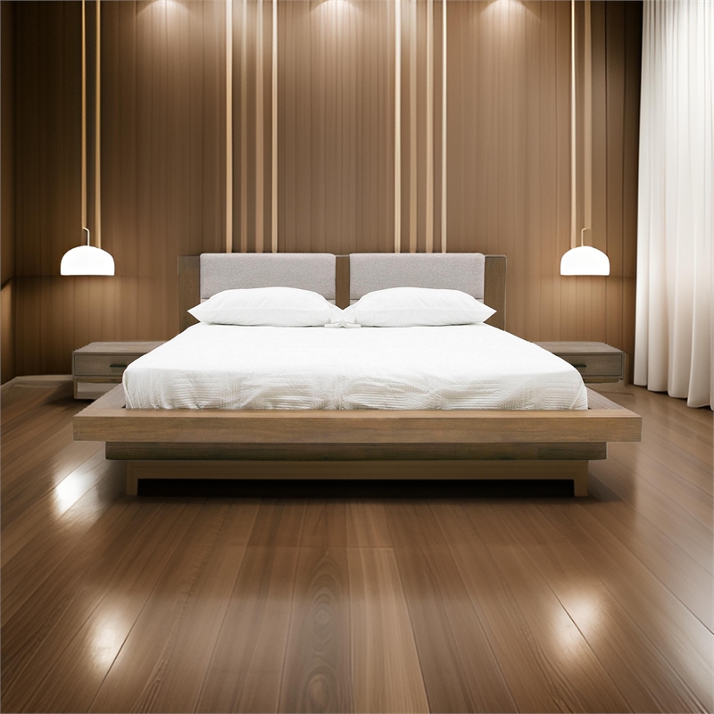 Noe Col King Platform Bed- Upholstered- 2 Nightstands- Walnut Brown- Gray