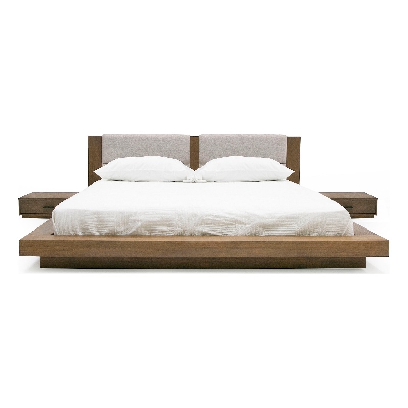 Noe Col King Platform Bed- Upholstered- 2 Nightstands- Walnut Brown- Gray