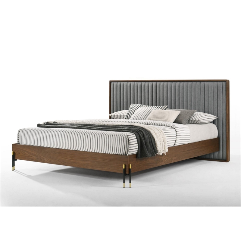 Noe Sia Queen Size Platform Bed- Channel Tufted Upholstery- Gray- Brown