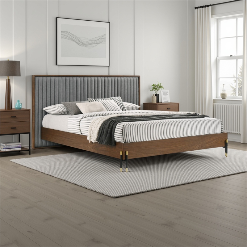 Noe Sia Queen Size Platform Bed- Channel Tufted Upholstery- Gray- Brown