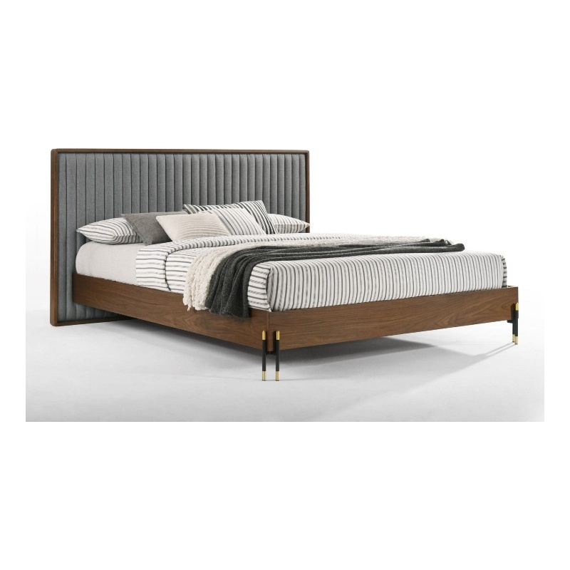 Noe Sia Queen Size Platform Bed- Channel Tufted Upholstery- Gray- Brown