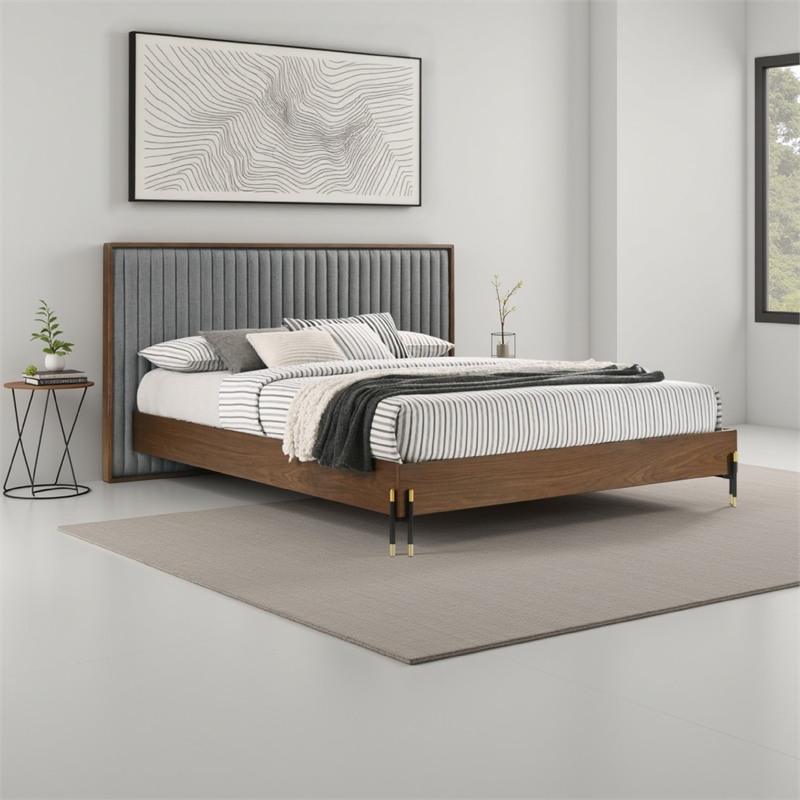 Noe Sia King Size Platform Bed- Channel Tufted Upholstery- Gray- Brown
