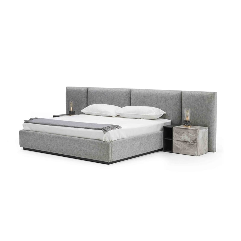 Noe Minn King Size Platform Bed with Gray Upholstered Tufted Wall Headboard