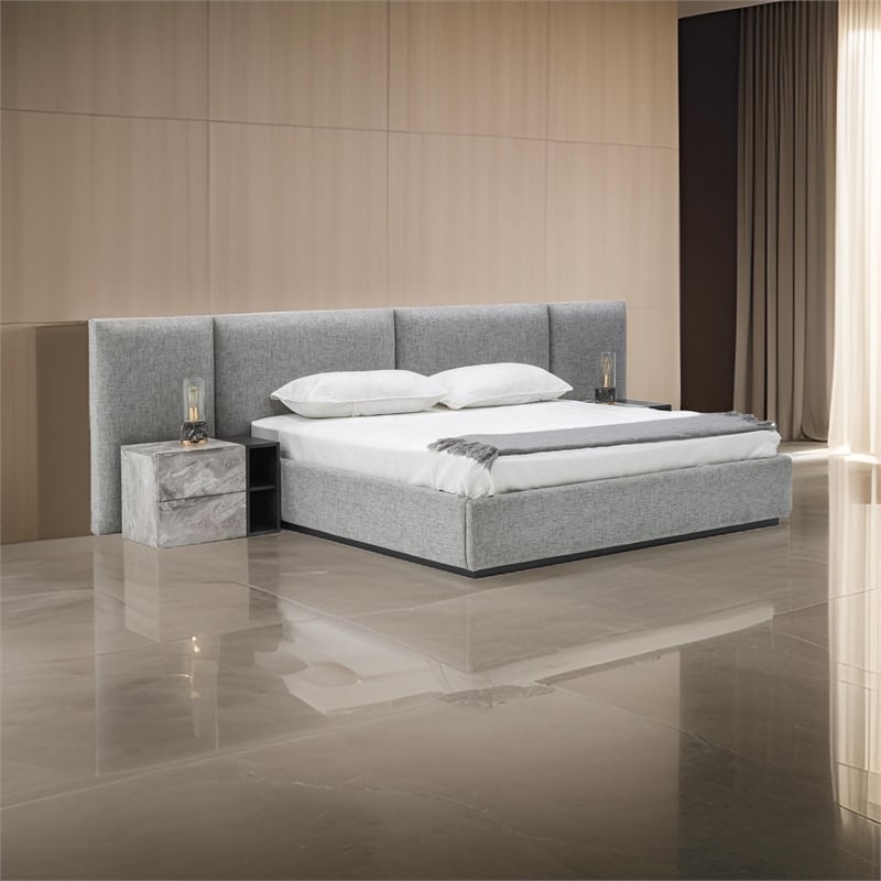Noe Minn King Size Platform Bed with Gray Upholstered Tufted Wall Headboard