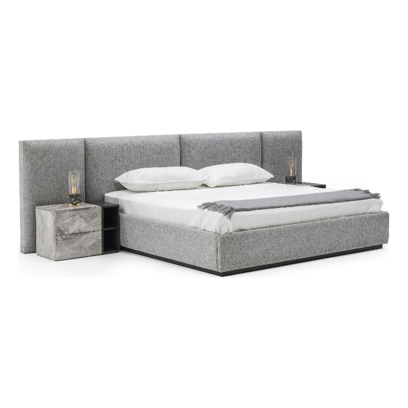 Noe Minn King Size Platform Bed with Gray Upholstered Tufted Wall Headboard