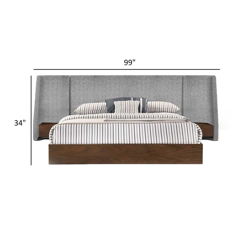 Nie Queen Bed- Gray Upholstered Wide Wall Headboard- Walnut Brown Wood