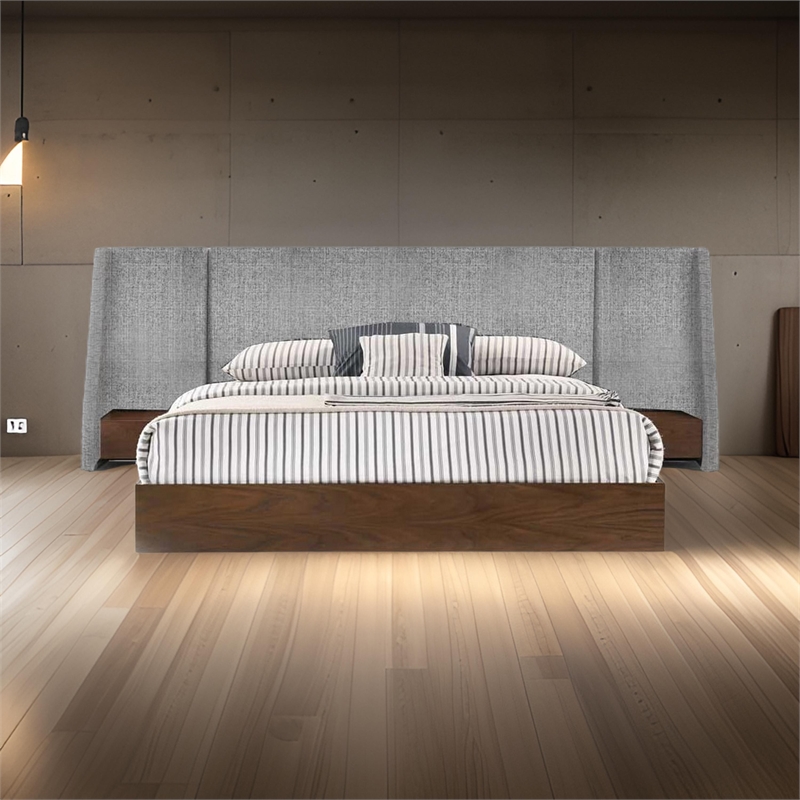 Nie Queen Bed- Gray Upholstered Wide Wall Headboard- Walnut Brown Wood