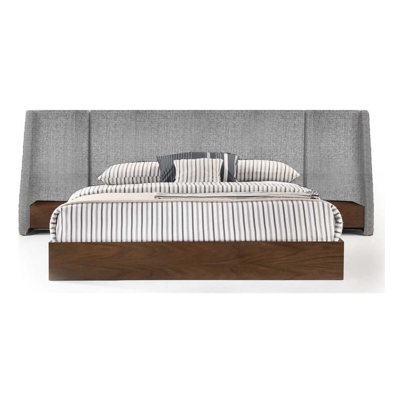 Nie Queen Bed- Gray Upholstered Wide Wall Headboard- Walnut Brown Wood