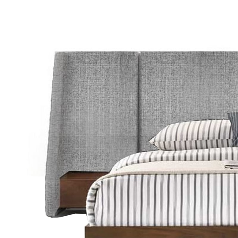 Nie King Size Bed- Gray Upholstered Wide Wall Headboard- Walnut Brown Wood