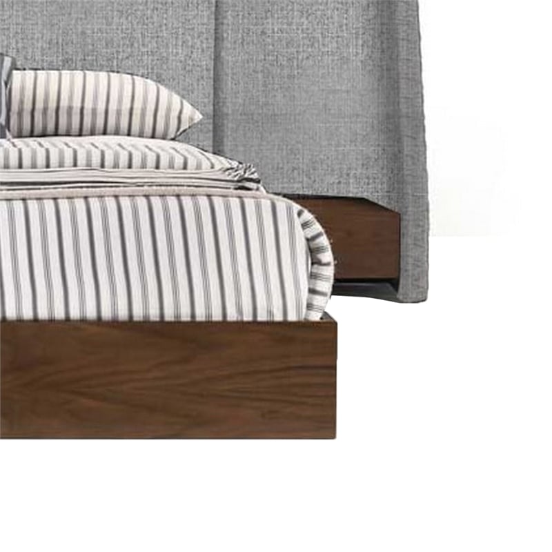 Nie King Size Bed- Gray Upholstered Wide Wall Headboard- Walnut Brown Wood