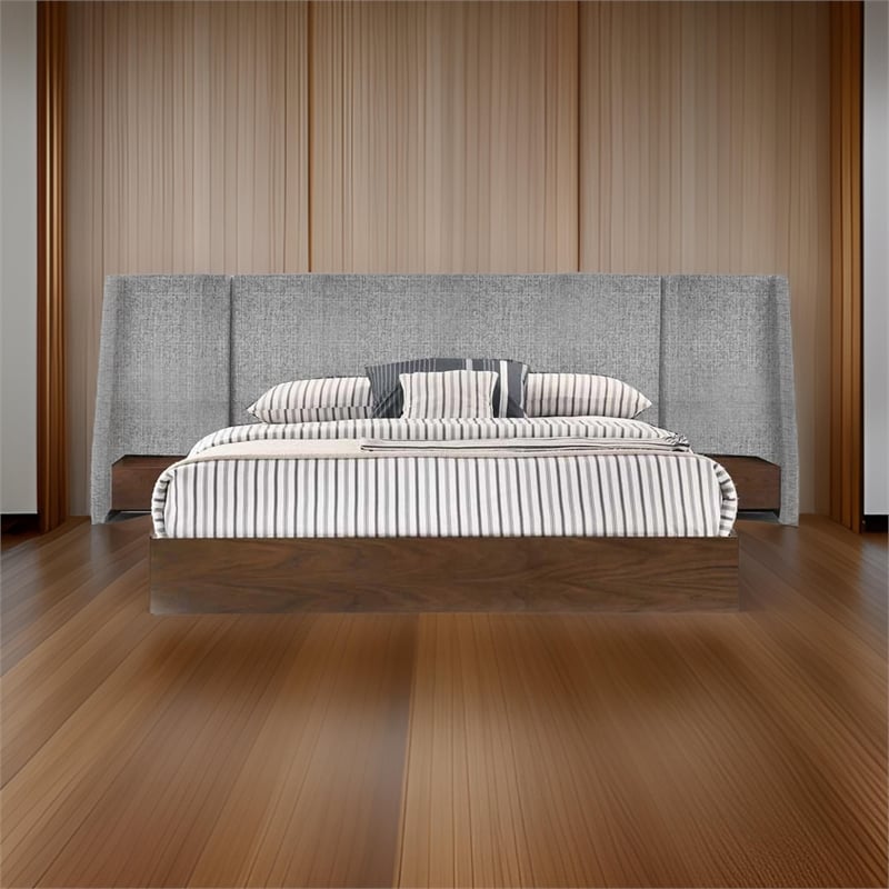 Nie King Size Bed- Gray Upholstered Wide Wall Headboard- Walnut Brown Wood