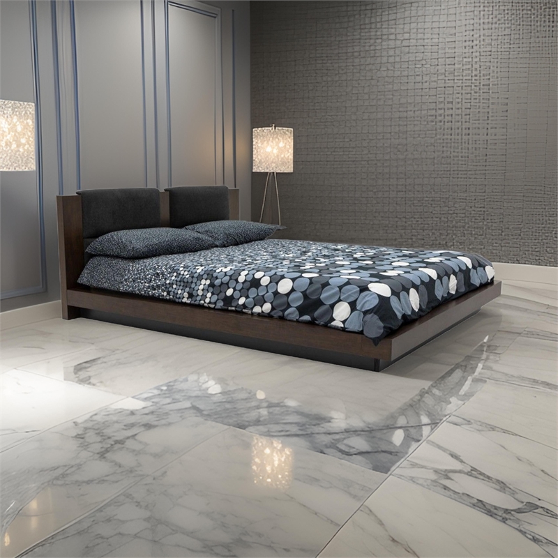 Noe Col Queen Bed- Dark Gray Pillow Upholstered- Low Profile Brown Wood