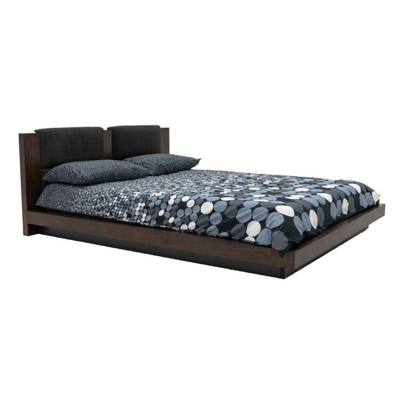 Noe Col Queen Bed- Dark Gray Pillow Upholstered- Low Profile Brown Wood