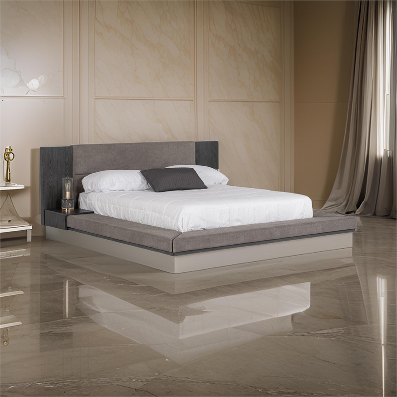 Noe Ruby Queen Bed with Built in Nightstands- Low Height- Gray Upholstery