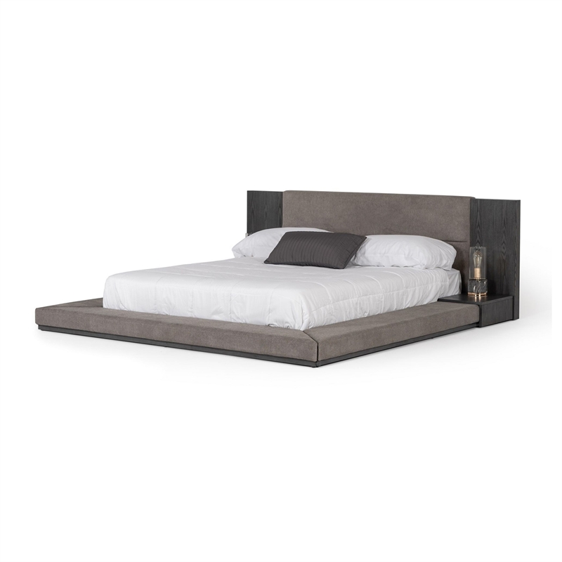 Noe Ruby King Bed Low Height with Built in Nightstands- Gray Upholstery