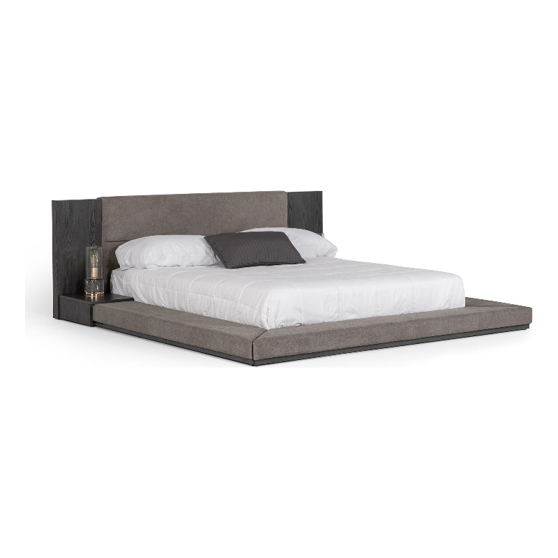 Noe Ruby King Bed Low Height with Built in Nightstands- Gray Upholstery