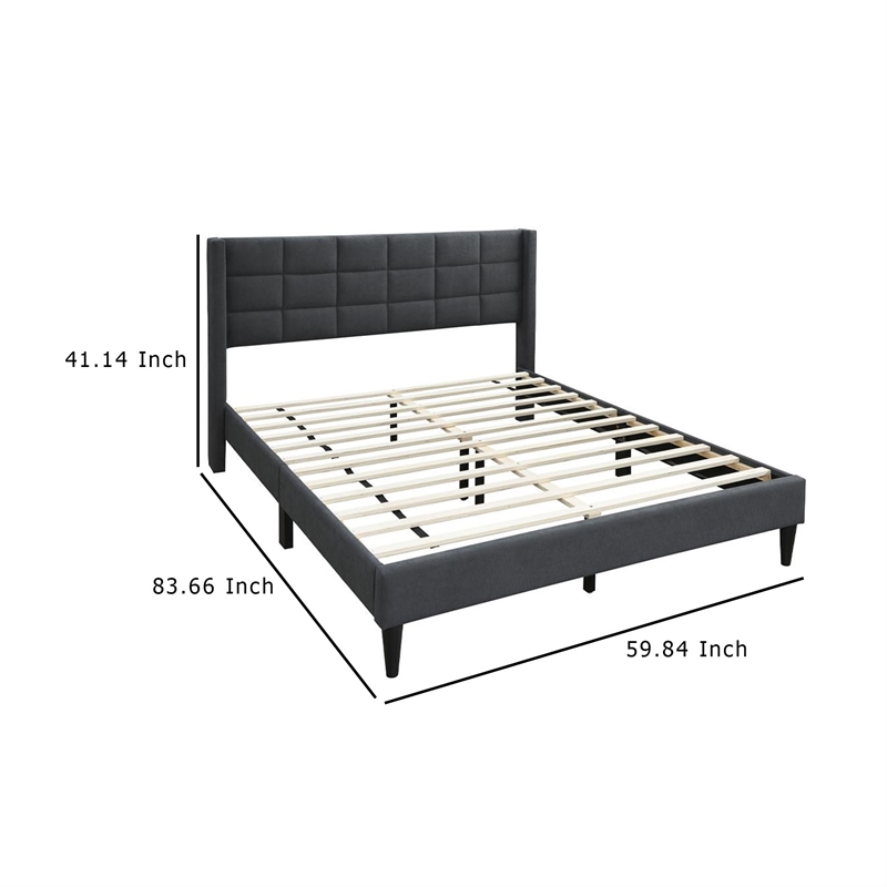 Meno Queen Size Bed- Square Stitched Charcoal Gray Linen Upholstery