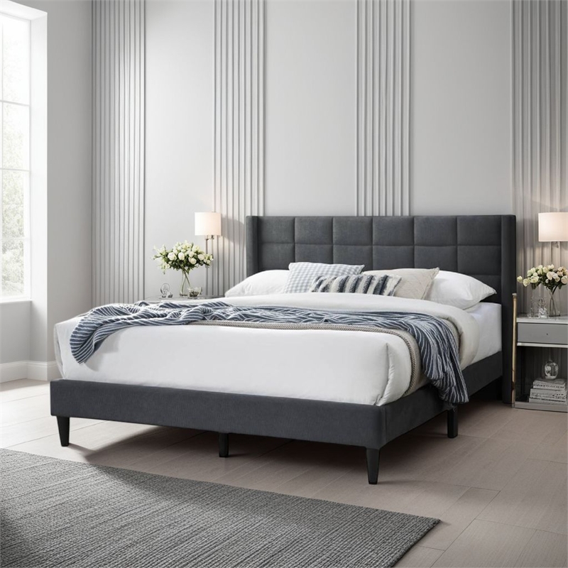 Meno Queen Size Bed- Square Stitched Charcoal Gray Linen Upholstery