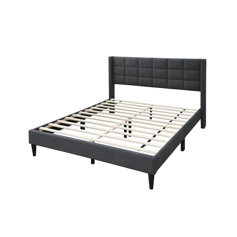 Meno Queen Size Bed- Square Stitched Charcoal Gray Linen Upholstery