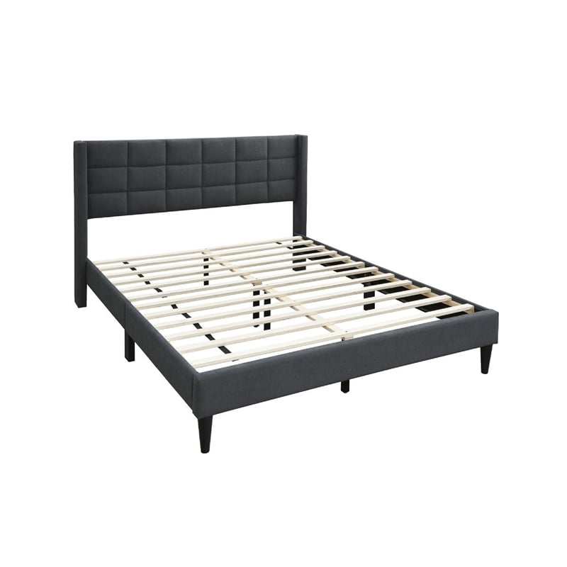 Meno Queen Size Bed- Square Stitched Charcoal Gray Linen Upholstery