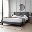 Jeo Queen Size Bed- Geometric Stitched Charcoal Gray Burlap Upholstery