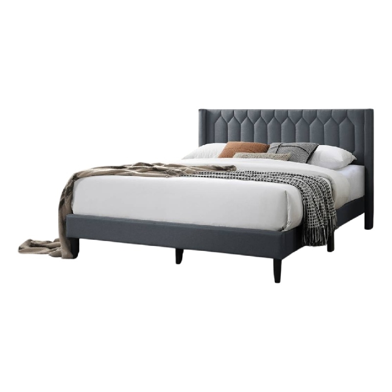 Jeo Queen Size Bed- Geometric Stitched Charcoal Gray Burlap Upholstery