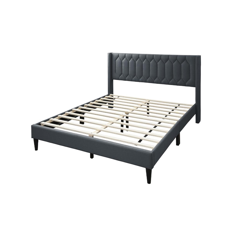 Jeo Queen Size Bed- Geometric Stitched Charcoal Gray Burlap Upholstery