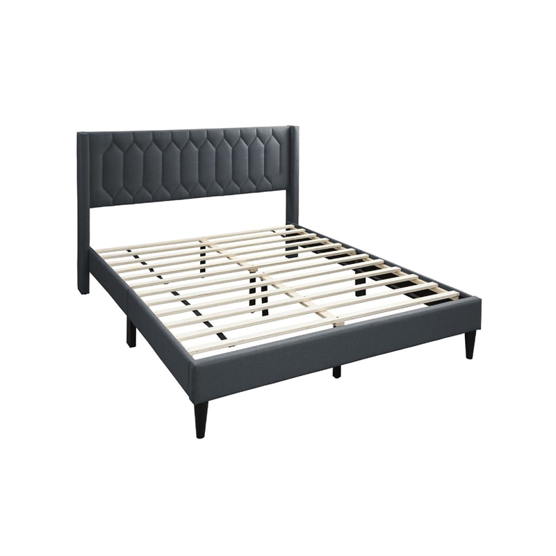 Jeo Queen Size Bed- Geometric Stitched Charcoal Gray Burlap Upholstery