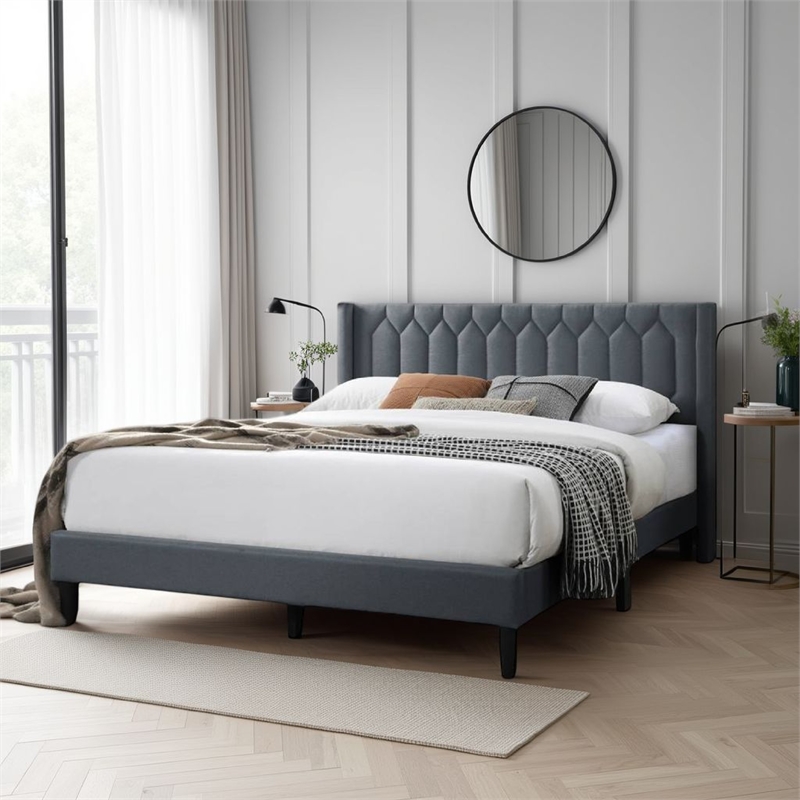 Jeo Queen Size Bed- Geometric Stitched Charcoal Gray Burlap Upholstery