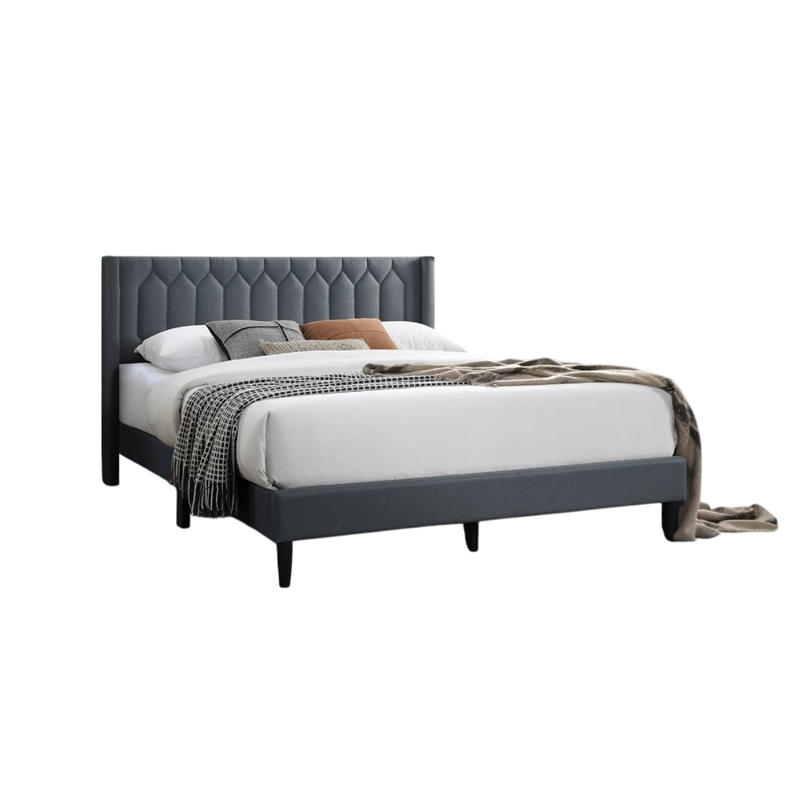 Jeo Queen Size Bed- Geometric Stitched Charcoal Gray Burlap Upholstery