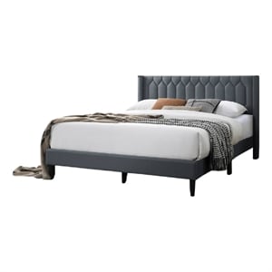 Jeo Queen Size Bed- Geometric Stitched Charcoal Gray Burlap Upholstery