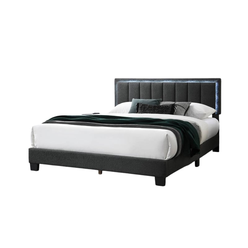 Zemo Queen Size Bed- LED Headboard- Charcoal Gray Wool Upholstery