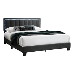 Zemo Queen Size Bed- LED Headboard- Charcoal Gray Wool Upholstery