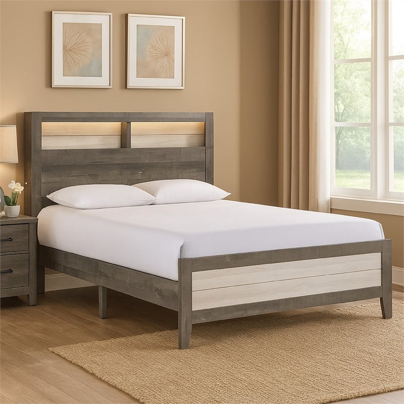 Ruthe Low Profile Queen Panel Bed with Built-In Lights- Ash Gray Wood