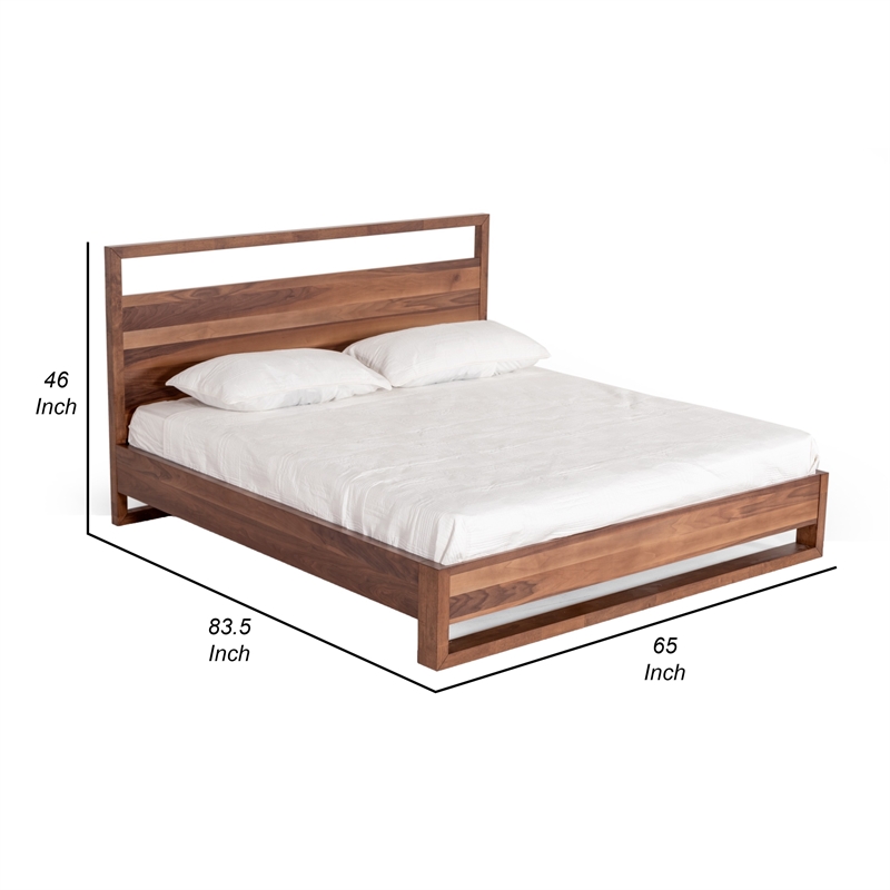 Lina Queen Size Bed with Plank Style Tall Headboard- Modern Walnut Brown
