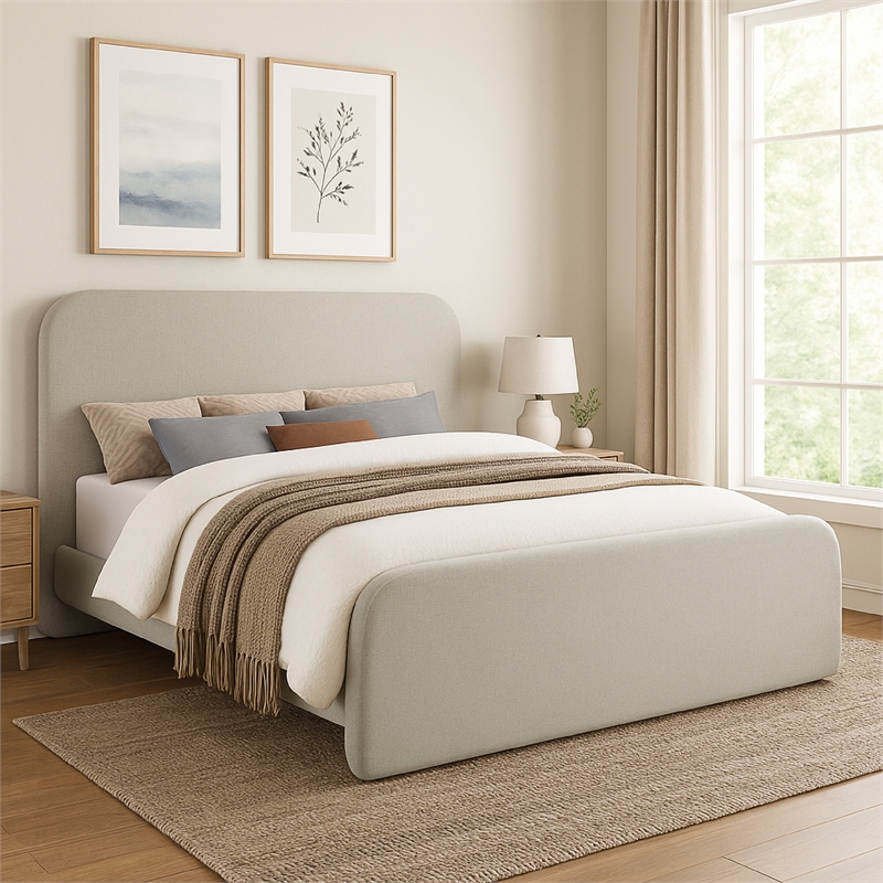 Jene Queen Size Bed- Upholstered Panel Headboard- Rounded Corners- Gray