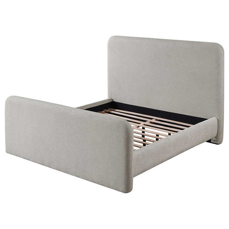 Jene Queen Size Bed- Upholstered Panel Headboard- Rounded Corners- Gray