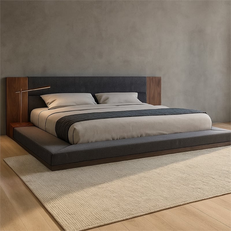 Noe Zen Japanese Low Profile Queen Bed w Nightstand- Dark Gray- Walnut