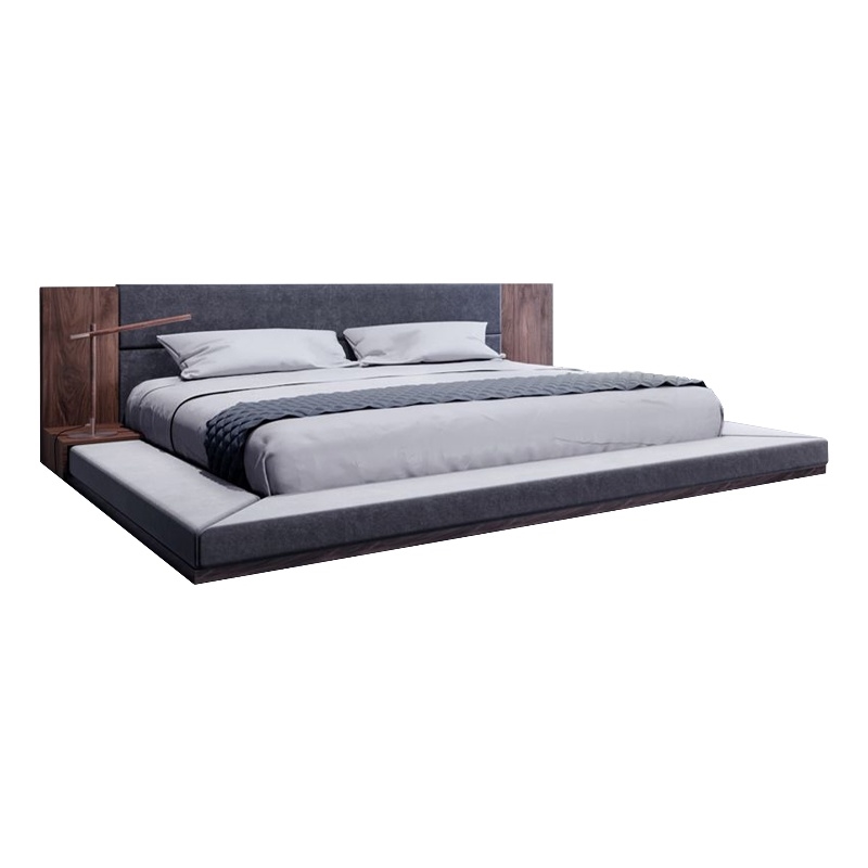 Noe Zen Japanese Low Profile Queen Bed w Nightstand- Dark Gray- Walnut