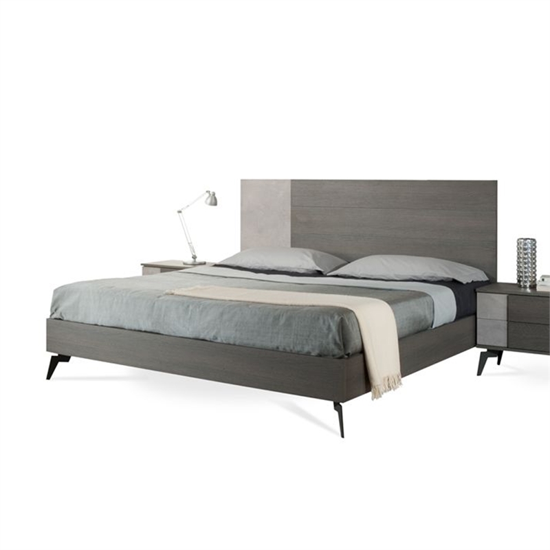 Leen King Size Platform Bed- Black Metal Legs- Gray Panel Headboard
