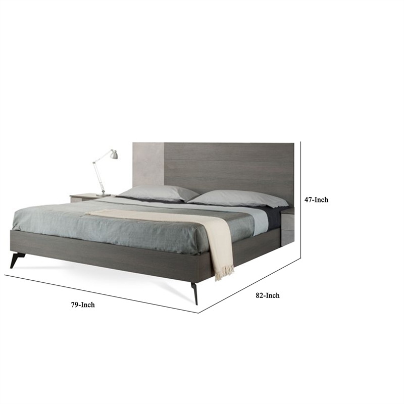 Leen King Size Platform Bed- Black Metal Legs- Gray Panel Headboard