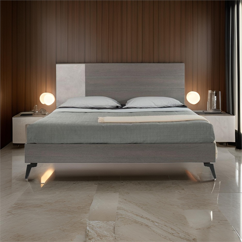 Leen King Size Platform Bed- Black Metal Legs- Gray Panel Headboard